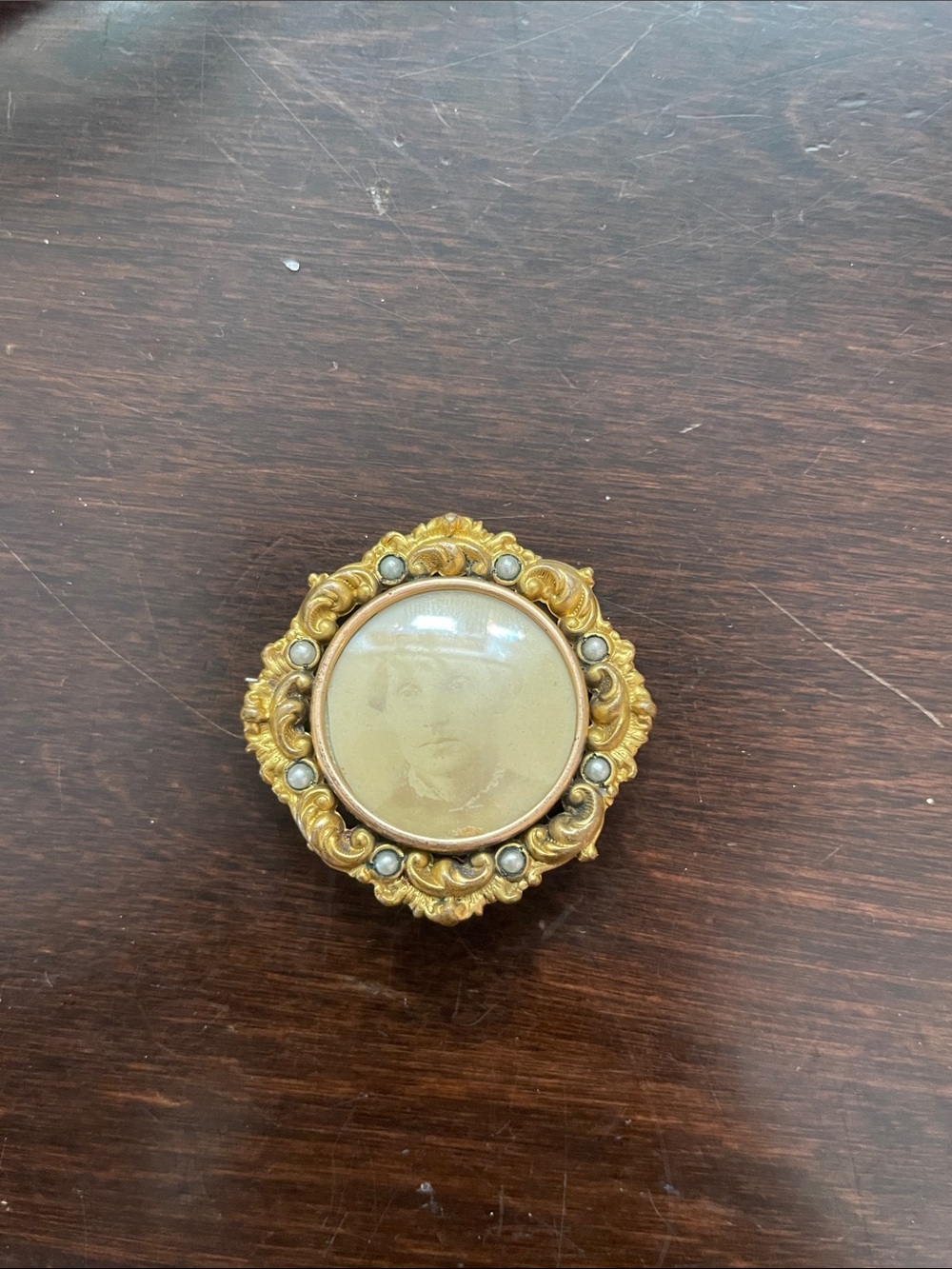 Gold-Tone Filigree Round Photo Brooch with Pearl Accents
